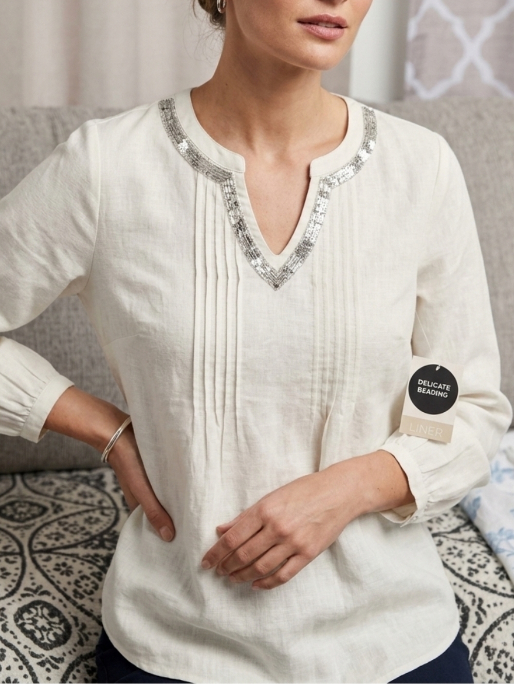 Calligraphe Embroidered V-Neck Linen Tunic Top - Cream M New